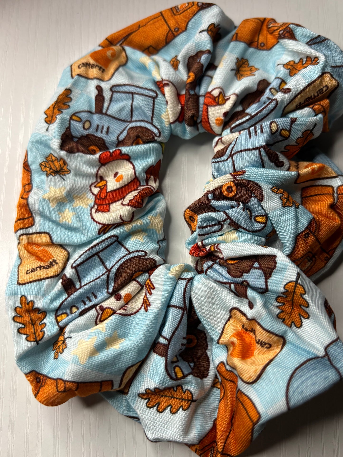 Fall Farm in blue oversized bamboo scrunchie