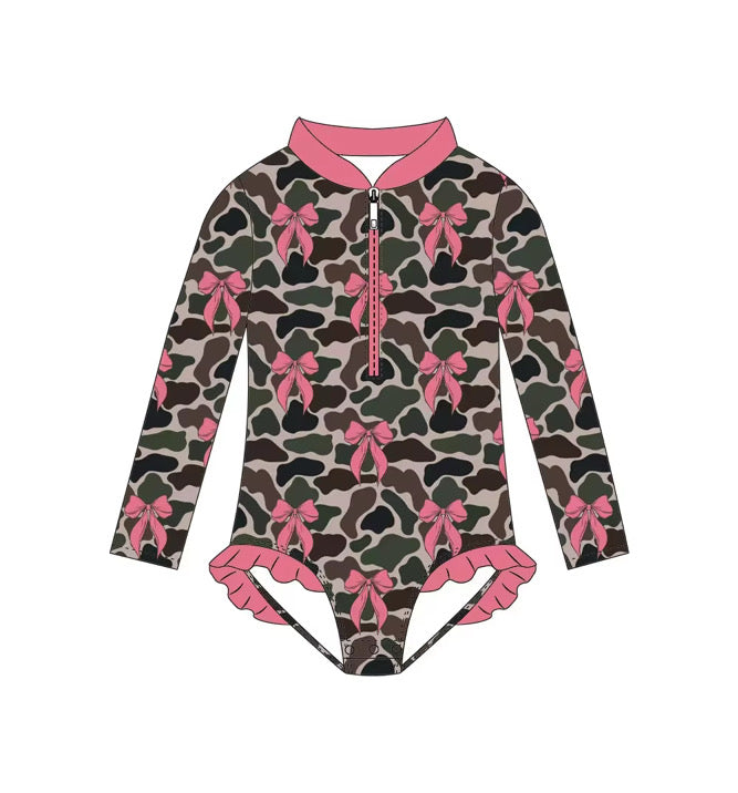 Camo bows ruffle swim with snaps