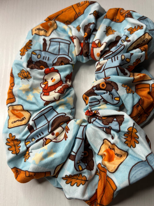 Fall Farm in blue oversized bamboo scrunchie