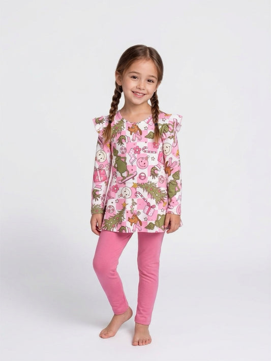Pink Christmas long sleeve peplum and leggings RTS